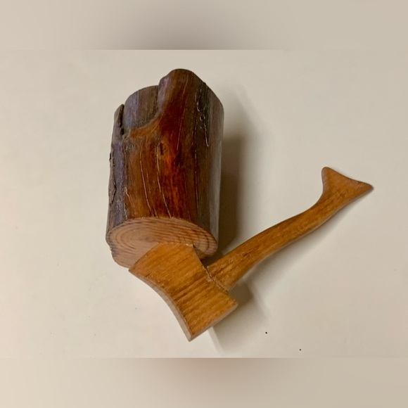 1940s Antique Hand Crafted Prisoner Made Axe Splitting Log Wooden Figurine - Picture 14 of 16